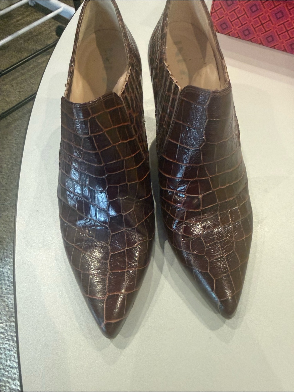 Croc-Embossed Pointed Toe Heeled Booties in Dark Brown